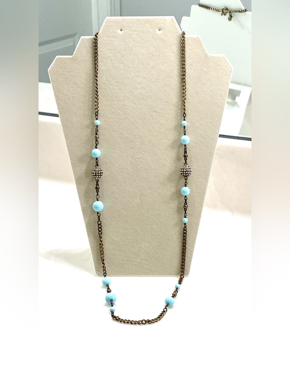J. Crew Pale Blue Beaded Long Necklace with Antiqued Metal